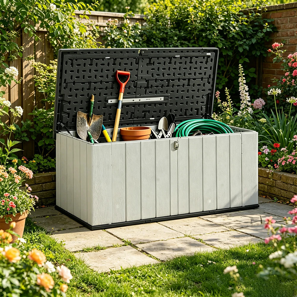 SOLARA Outdoor Storage Box - Weather Resistant Low Garden Tool Cabinet 142cm for Patio Balcony - White Grey
