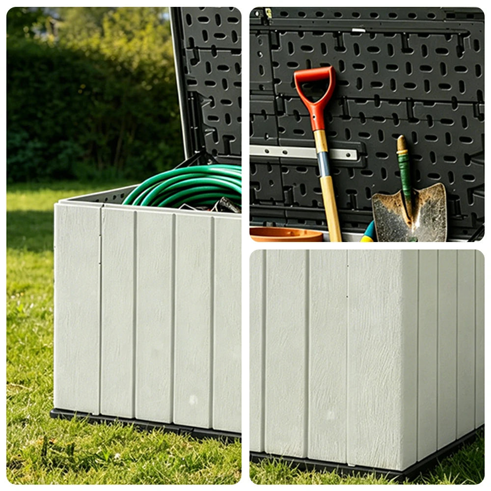 SOLARA Outdoor Storage Box - Weather Resistant Low Garden Tool Cabinet 142cm for Patio Balcony - White Grey