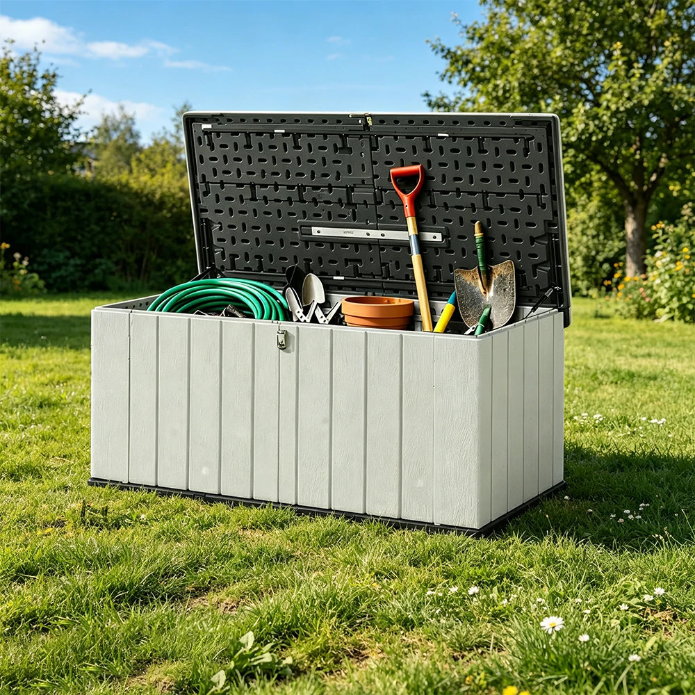 SOLARA Outdoor Storage Box - Weather Resistant Low Garden Tool Cabinet 142cm for Patio Balcony - White Grey