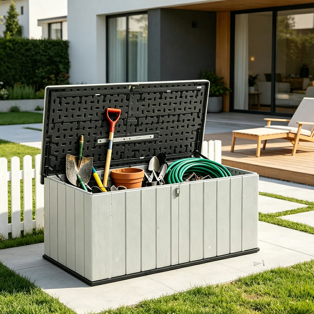 SOLARA Outdoor Storage Box - Weather Resistant Low Garden Tool Cabinet 142cm for Patio Balcony - White Grey