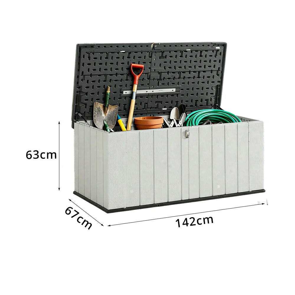 SOLARA Outdoor Storage Box - Weather Resistant Low Garden Tool Cabinet 142cm for Patio Balcony - White Grey