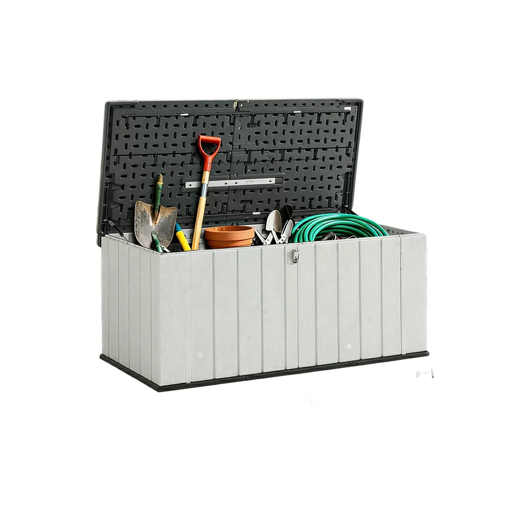 SOLARA Outdoor Storage Box - Weather Resistant Low Garden Tool Cabinet 142cm for Patio Balcony - White Grey