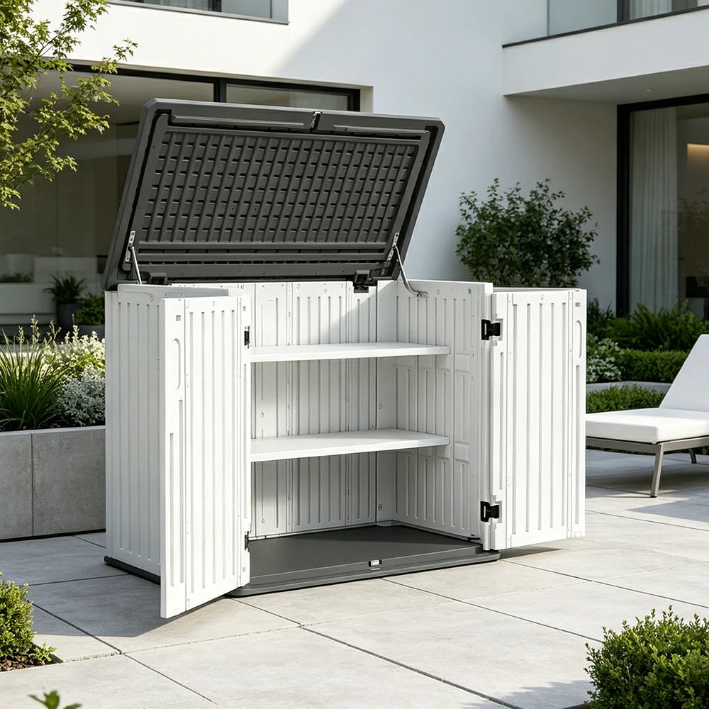 SOLARA Outdoor Storage Cabinet - Weather Resistant Single Layer Shelf Cabinet 133cm for Garden Patio - White Grey