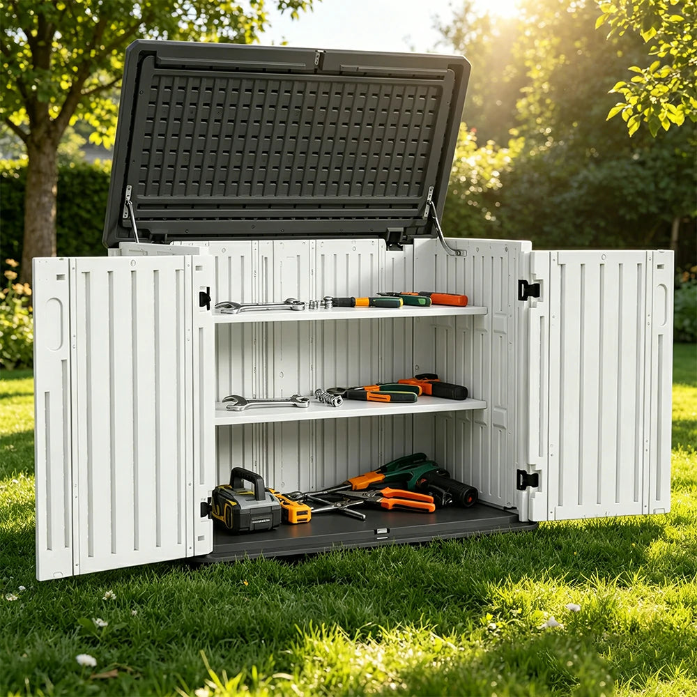 SOLARA Outdoor Storage Cabinet - Weather Resistant Single Layer Shelf Cabinet 133cm for Garden Patio - White Grey