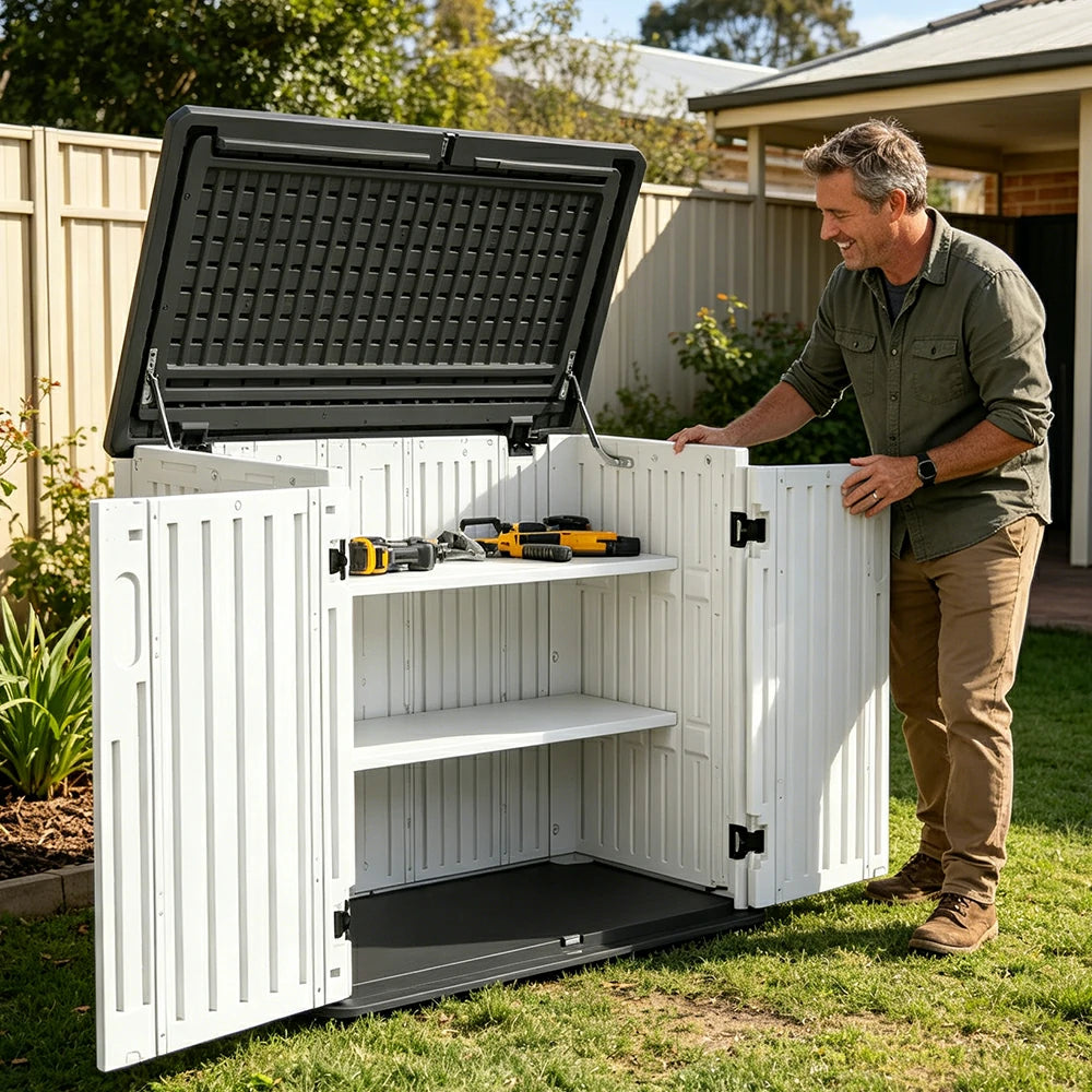 SOLARA Outdoor Storage Cabinet - Weather Resistant Single Layer Shelf Cabinet 133cm for Garden Patio - White Grey
