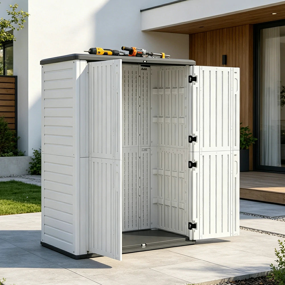 SOLARA Tall Outdoor Storage Cabinet - Weather Resistant Double Layer Utility Cabinet 133cm for Garden Patio - White Grey