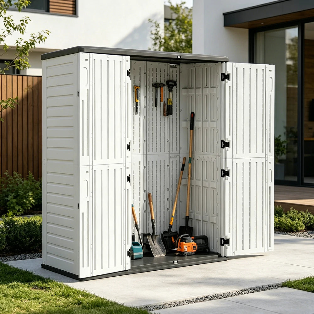 SOLARA Tall Outdoor Storage Cabinet - Weather Resistant Double Layer Utility Cabinet 133cm for Garden Patio - White Grey
