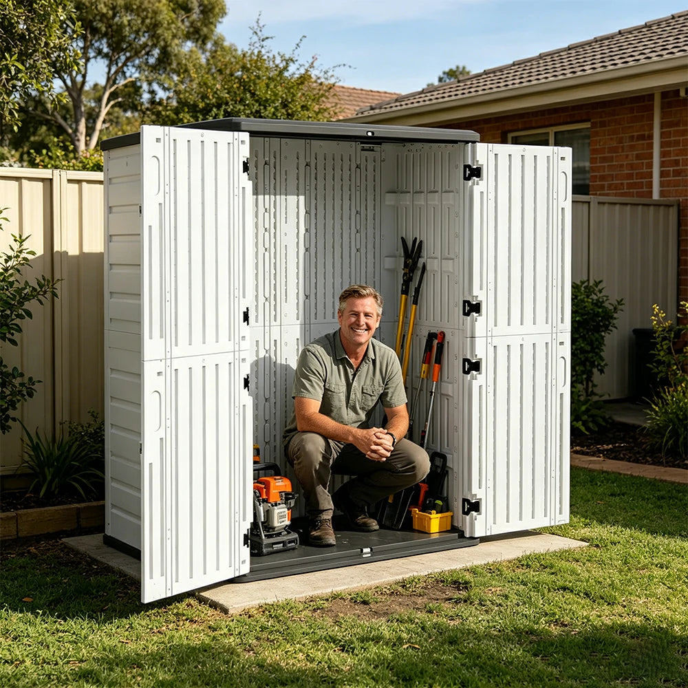 SOLARA Tall Outdoor Storage Cabinet - Weather Resistant Double Layer Utility Cabinet 133cm for Garden Patio - White Grey