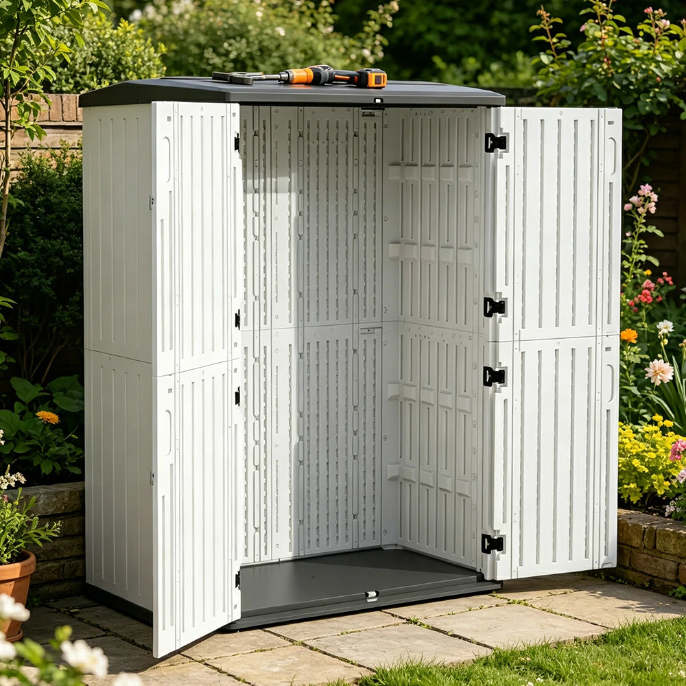 SOLARA Tall Outdoor Storage Cabinet - Weather Resistant Double Layer Utility Cabinet 133cm for Garden Patio - White Grey