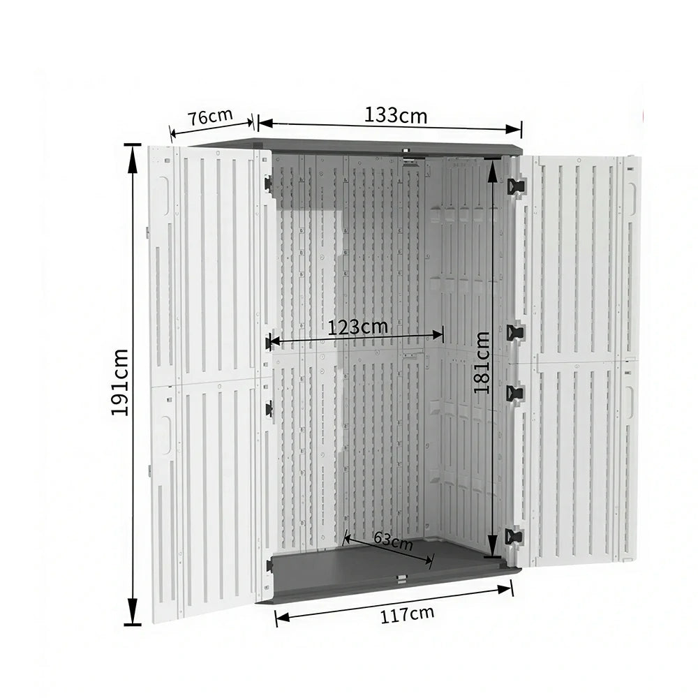 SOLARA Tall Outdoor Storage Cabinet - Weather Resistant Double Layer Utility Cabinet 133cm for Garden Patio - White Grey