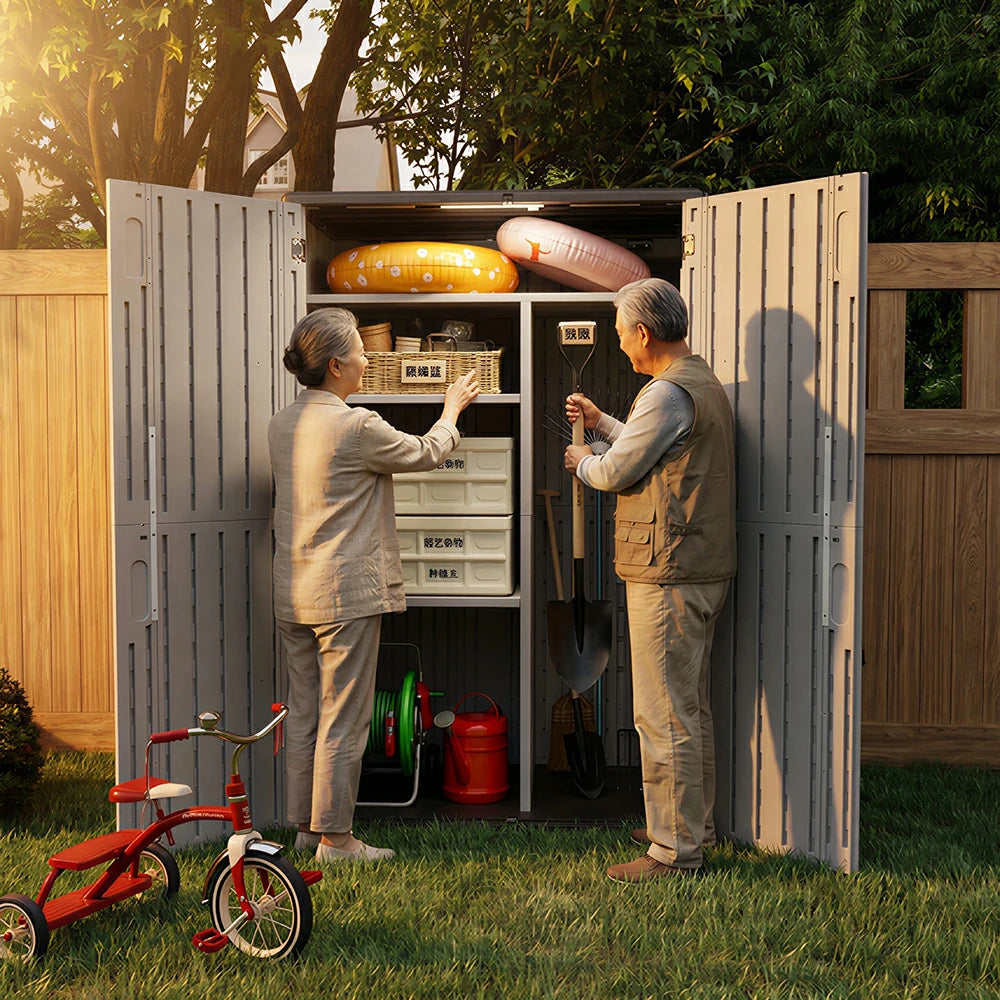 SOLARA Tall Outdoor Storage Cabinet - Weather Resistant Double Layer Shelf Cabinet 133cm for Garden Patio - White Grey
