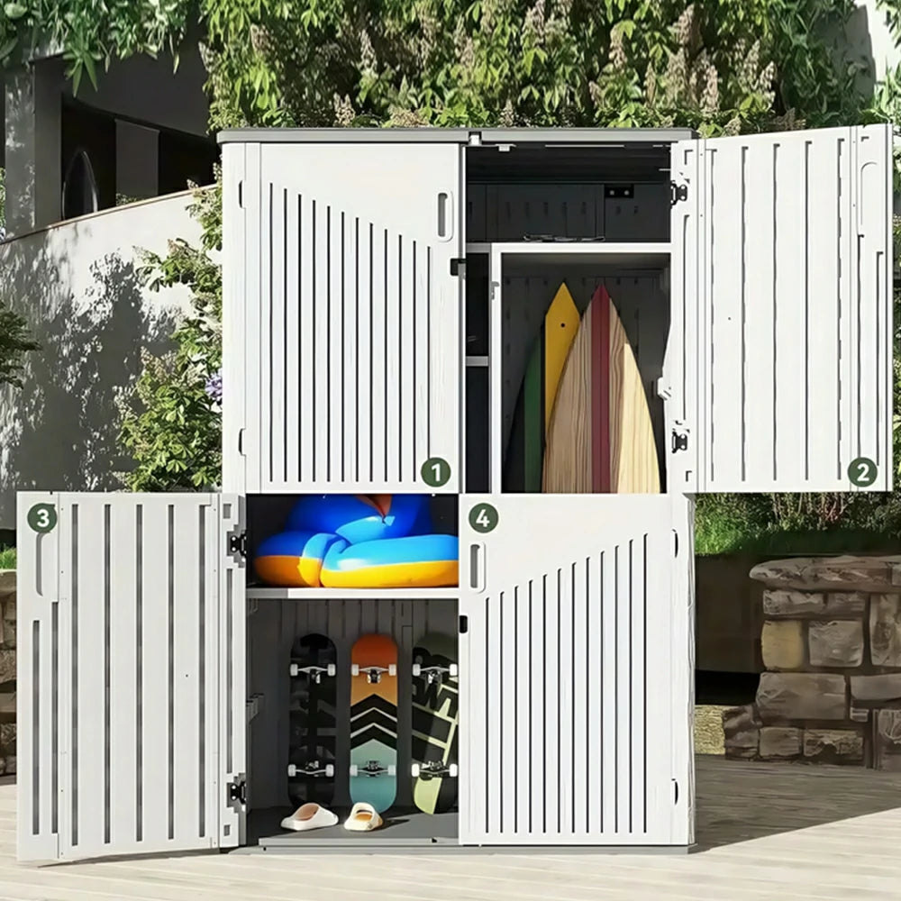 SOLARA Tall Outdoor Storage Cabinet - Weather Resistant Double Layer Shelf Cabinet 133cm for Garden Patio - White Grey