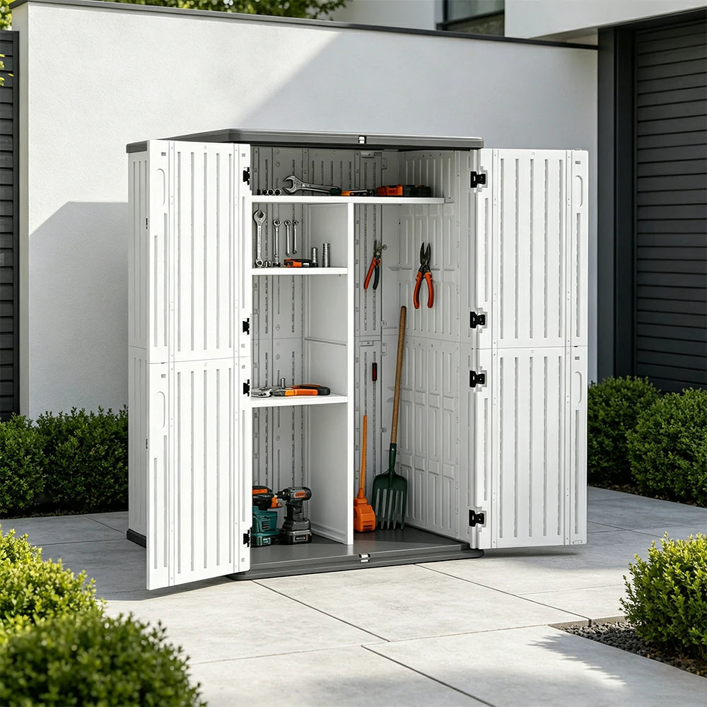 SOLARA Tall Outdoor Storage Cabinet - Weather Resistant Double Layer Shelf Cabinet 133cm for Garden Patio - White Grey