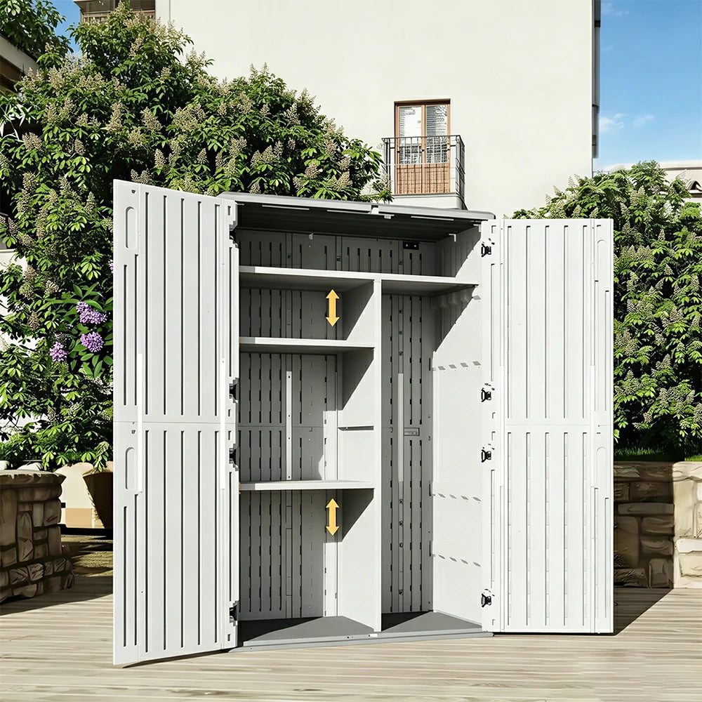 SOLARA Tall Outdoor Storage Cabinet - Weather Resistant Double Layer Shelf Cabinet 133cm for Garden Patio - White Grey