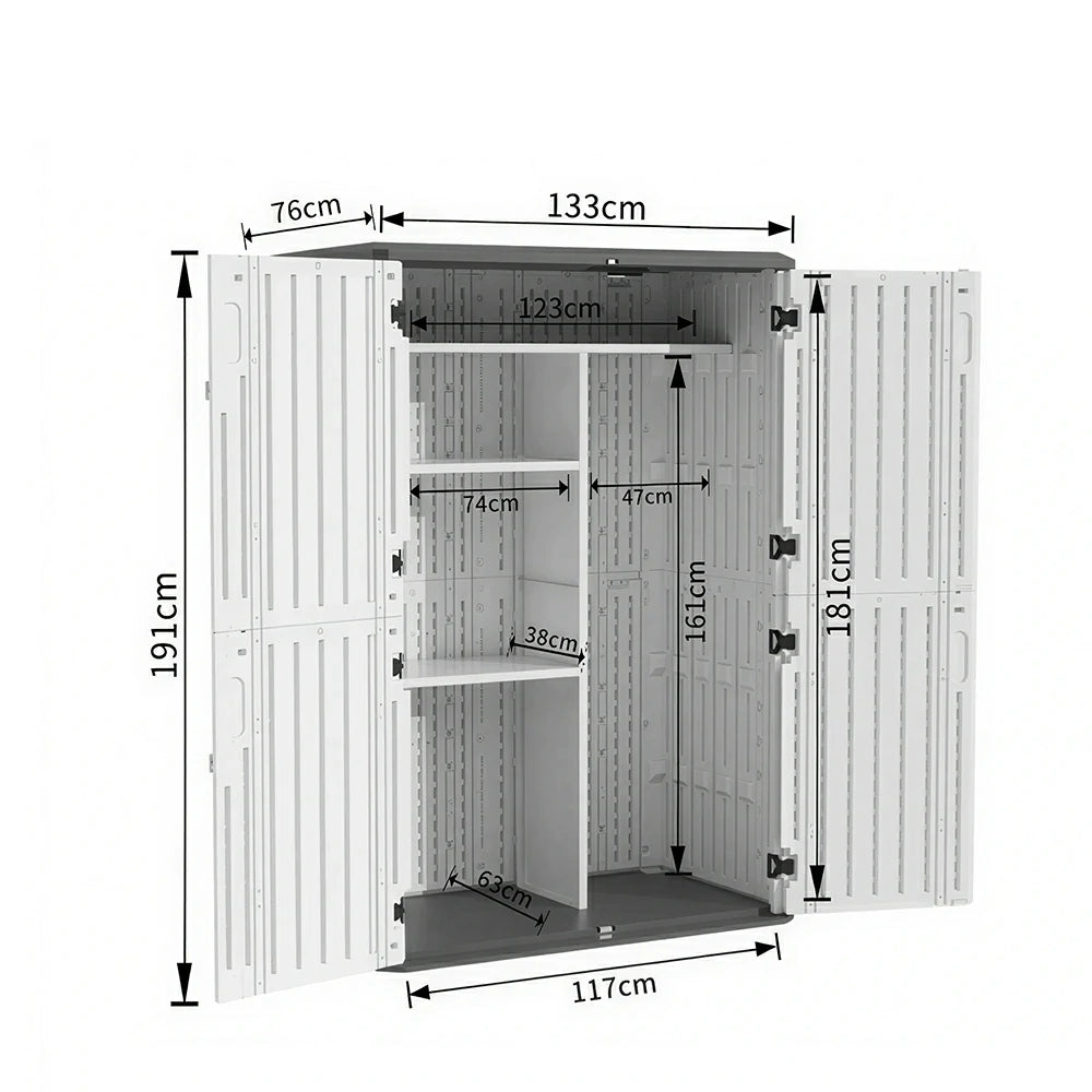 SOLARA Tall Outdoor Storage Cabinet - Weather Resistant Double Layer Shelf Cabinet 133cm for Garden Patio - White Grey