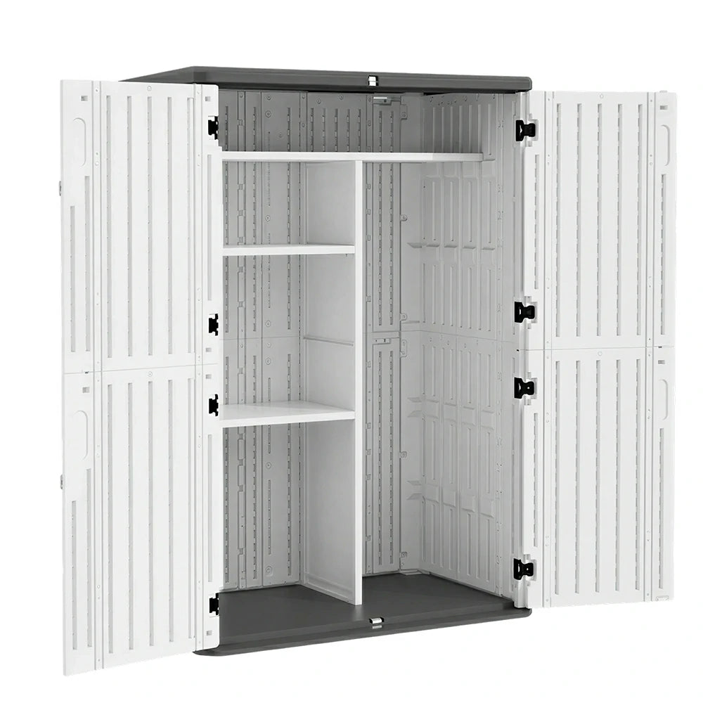 SOLARA Tall Outdoor Storage Cabinet - Weather Resistant Double Layer Shelf Cabinet 133cm for Garden Patio - White Grey