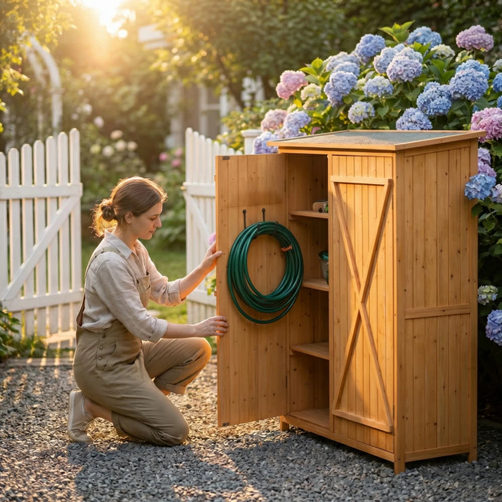 SOLARA Outdoor Wooden Storage Cabinet - Weather Resistant Garden Tool Cabinet with Shelves for Patio Balcony - Natural Wood