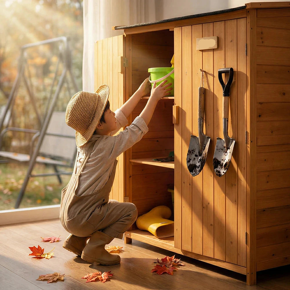 SOLARA Outdoor Wooden Storage Cabinet - Weather Resistant Garden Tool Cabinet with Shelves for Patio Balcony - Natural Wood