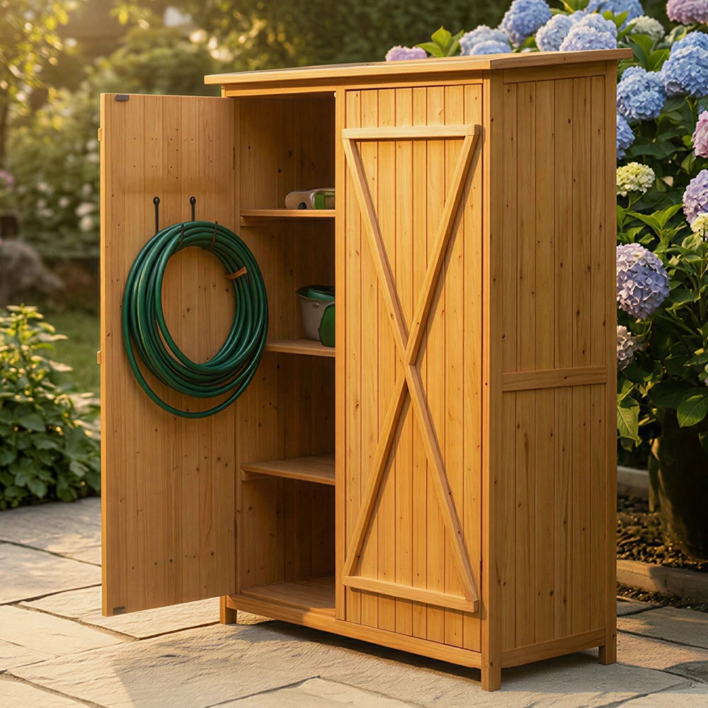 SOLARA Outdoor Wooden Storage Cabinet - Weather Resistant Garden Tool Cabinet with Shelves for Patio Balcony - Natural Wood