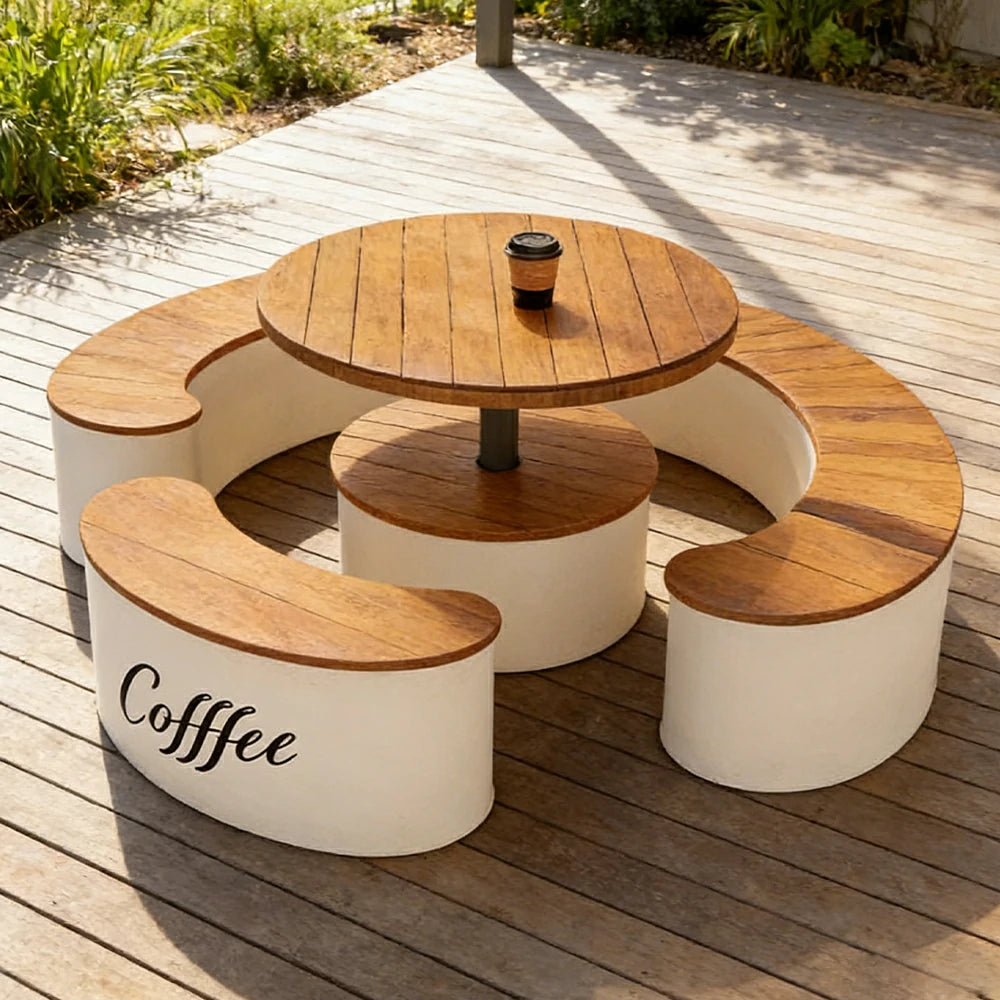 SOLARA Round Seating Table Set Circular Bench with Central Table 200cm for Commercial Street Park Cafe Outdoor Use