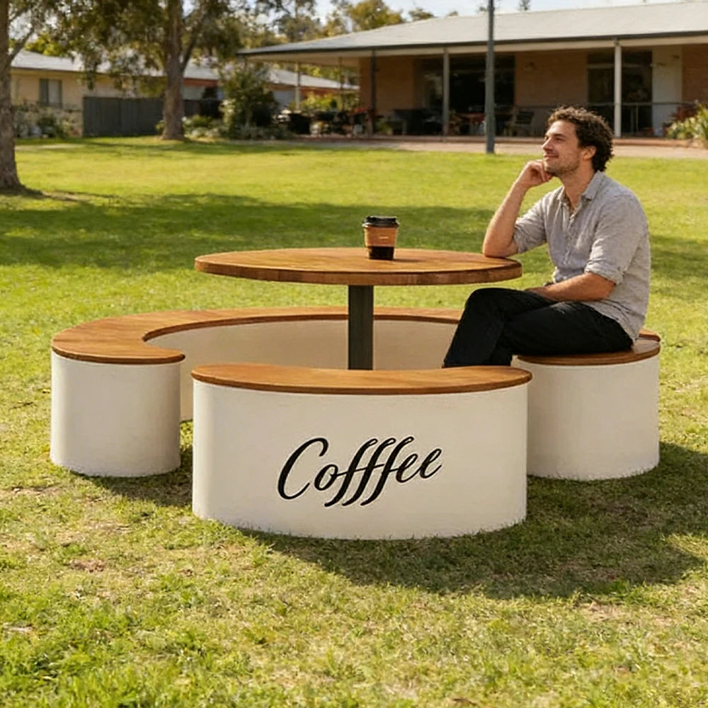 SOLARA Round Seating Table Set Circular Bench with Central Table 200cm for Commercial Street Park Cafe Outdoor Use