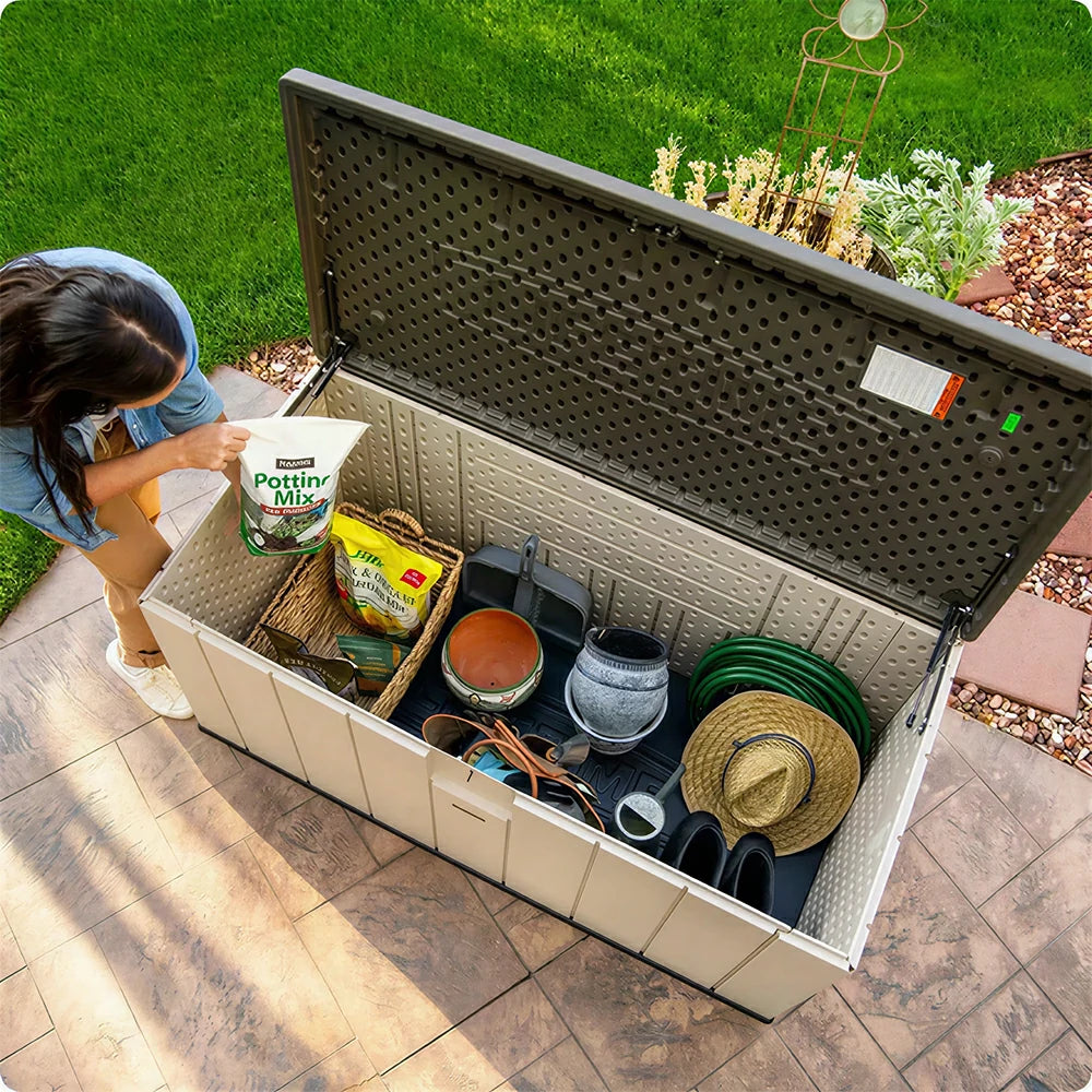 SOLARA Outdoor Storage Box - Weather Resistant 567.8L Deck Storage Bench for Garden Patio - Light Brown