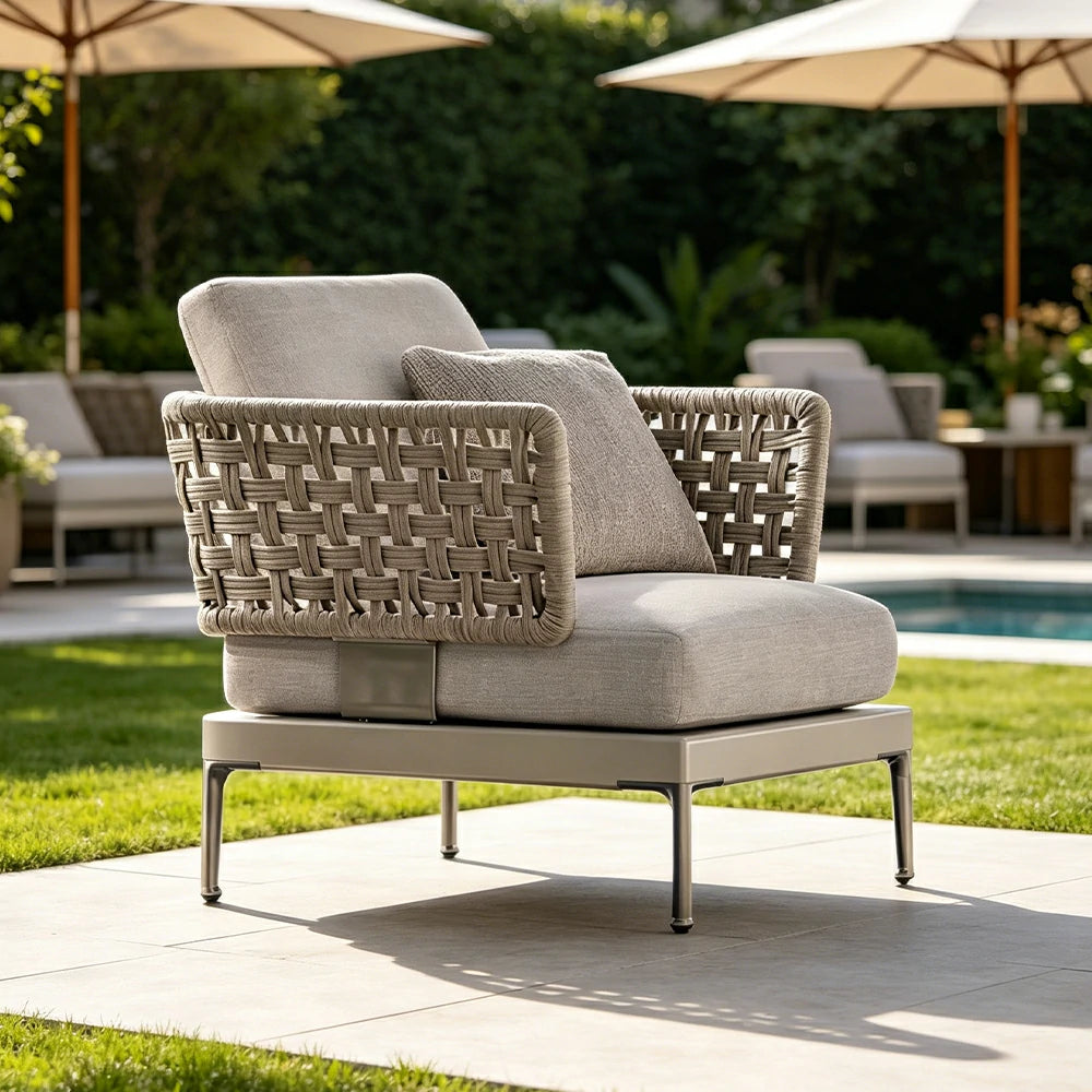 SOLARA Outdoor Rope Sofa Olefin Weave Water Repellent Cushion Single Seat for Garden Patio
