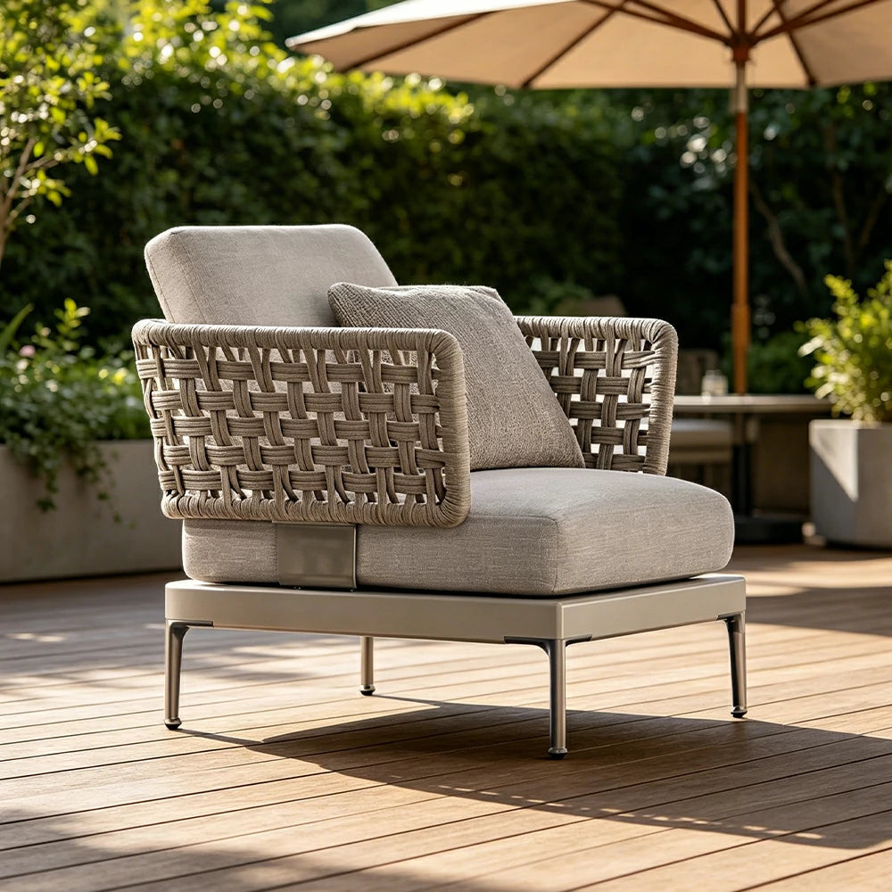 SOLARA Outdoor Rope Sofa Olefin Weave Water Repellent Cushion Single Seat for Garden Patio