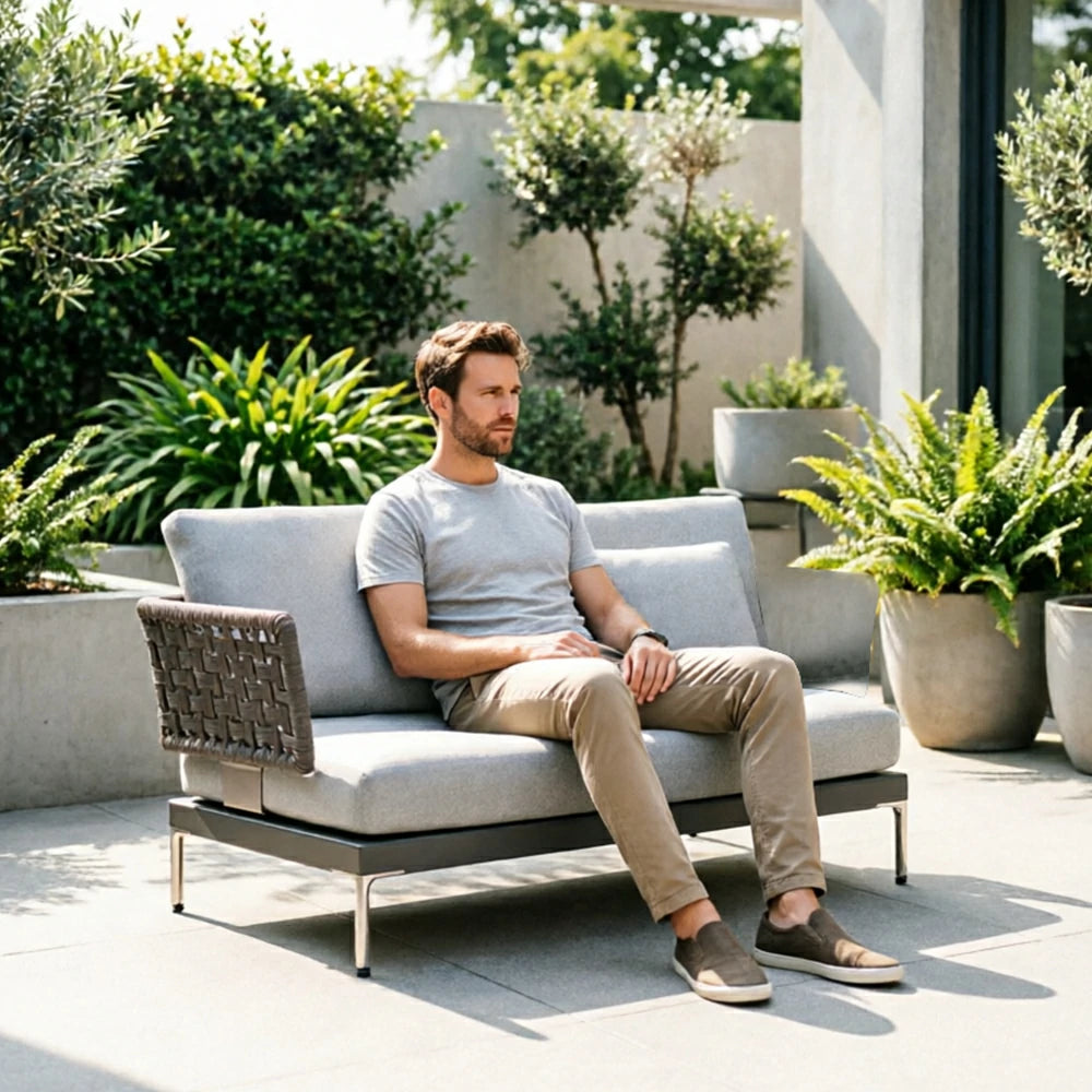 SOLARA Outdoor Rope Sofa Olefin Weave Water Repellent Cushion One-Arm Two-Seater for Garden Patio