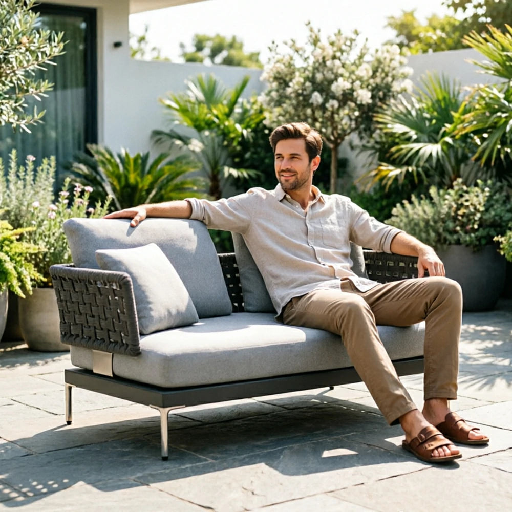 SOLARA Outdoor Rope Sofa Olefin Weave Water Repellent Cushion Two-Arm Two-Seater for Garden Patio