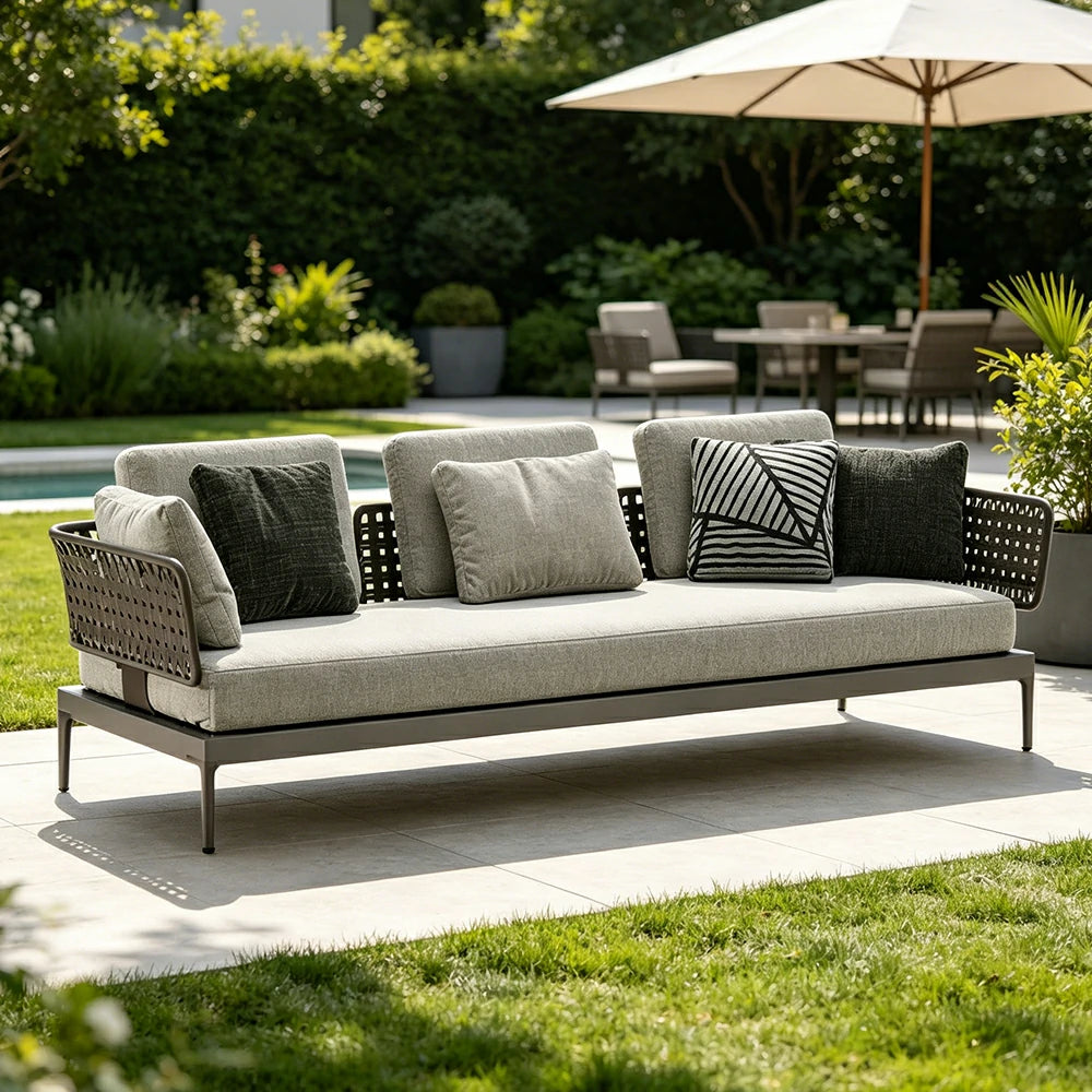 SOLARA Outdoor Rope Sofa Olefin Weave Water Repellent Cushion Armrest Three-Seater for Garden Patio