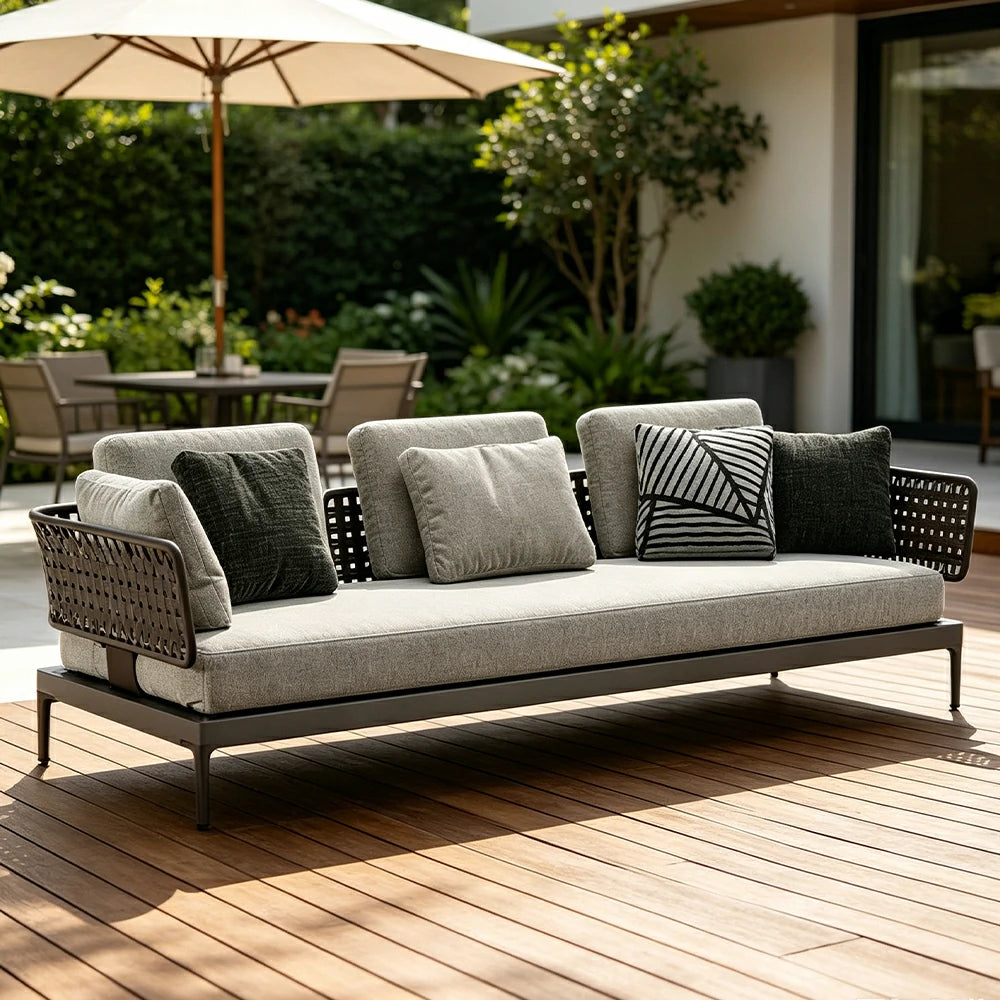 SOLARA Outdoor Rope Sofa Olefin Weave Water Repellent Cushion Armrest Three-Seater for Garden Patio