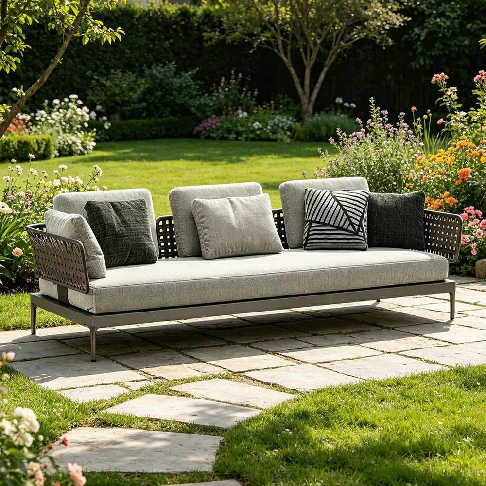 SOLARA Outdoor Rope Sofa Olefin Weave Water Repellent Cushion Armrest Three-Seater for Garden Patio