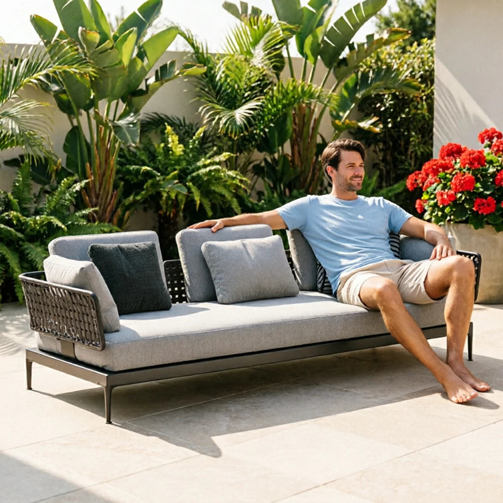 SOLARA Outdoor Rope Sofa Olefin Weave Water Repellent Cushion Armrest Three-Seater for Garden Patio