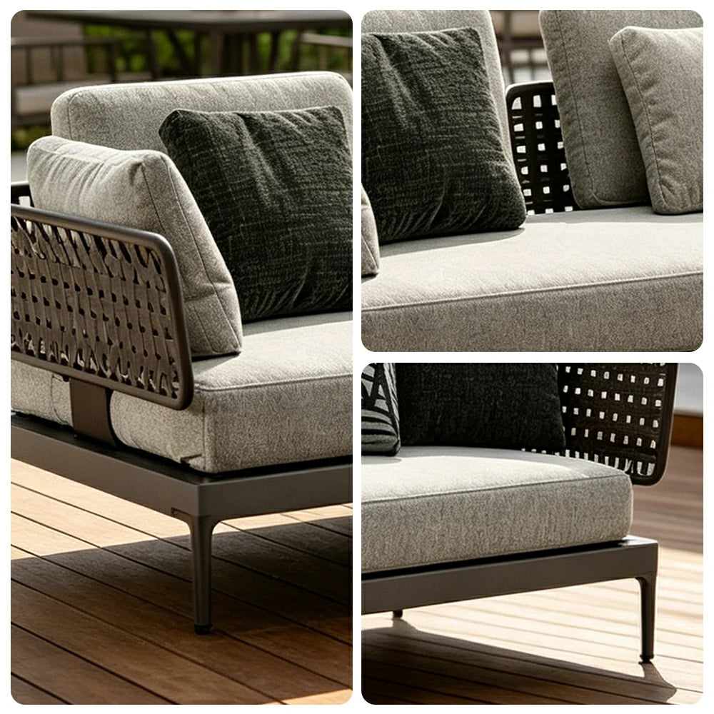 SOLARA Outdoor Rope Sofa Olefin Weave Water Repellent Cushion Armrest Three-Seater for Garden Patio
