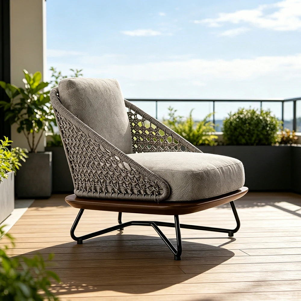 SOLARA Outdoor Single Lounge Chair with Borneo Teak Wood Frame - Water Repellent Cushions for Garden Balcony Patio - Grey
