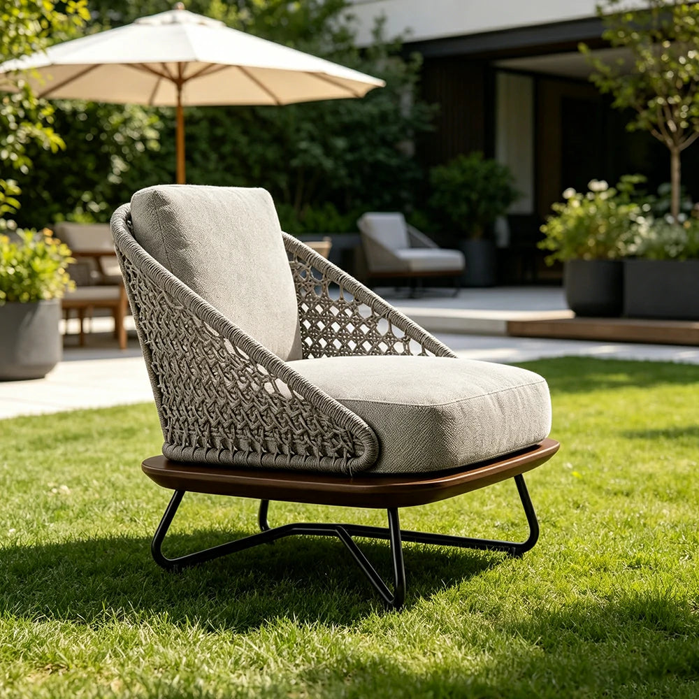 SOLARA Outdoor Single Lounge Chair with Borneo Teak Wood Frame - Water Repellent Cushions for Garden Balcony Patio - Grey