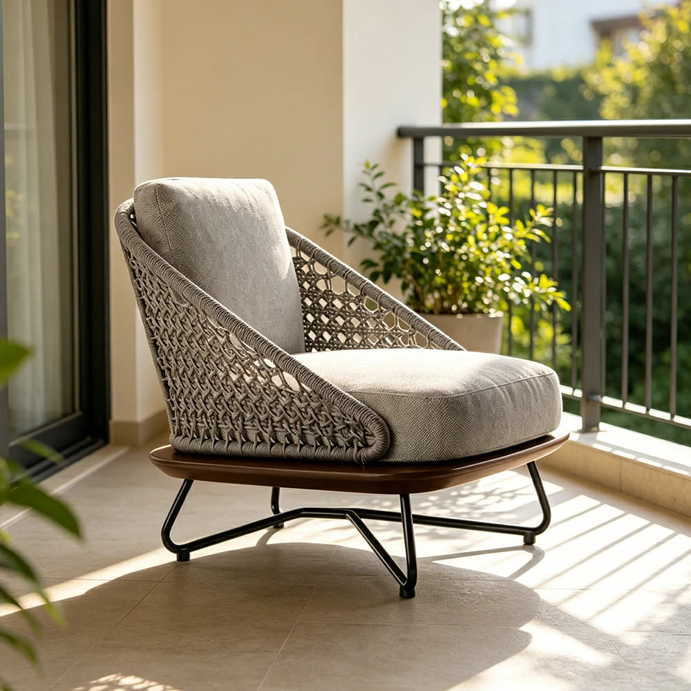 SOLARA Outdoor Single Lounge Chair with Borneo Teak Wood Frame - Water Repellent Cushions for Garden Balcony Patio - Grey