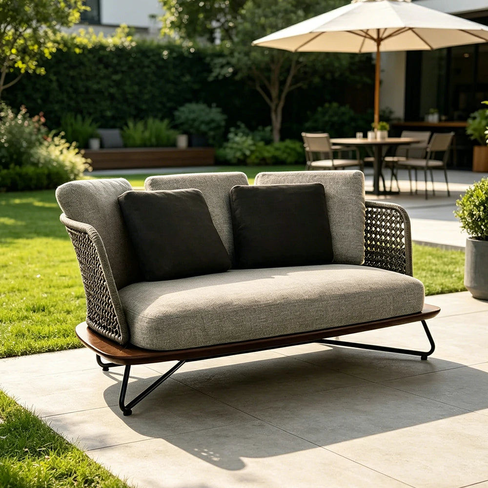 SOLARA Outdoor 2 Seater Sofa with Borneo Teak Wood Frame - Water Repellent Cushions for Garden Balcony Patio - Grey