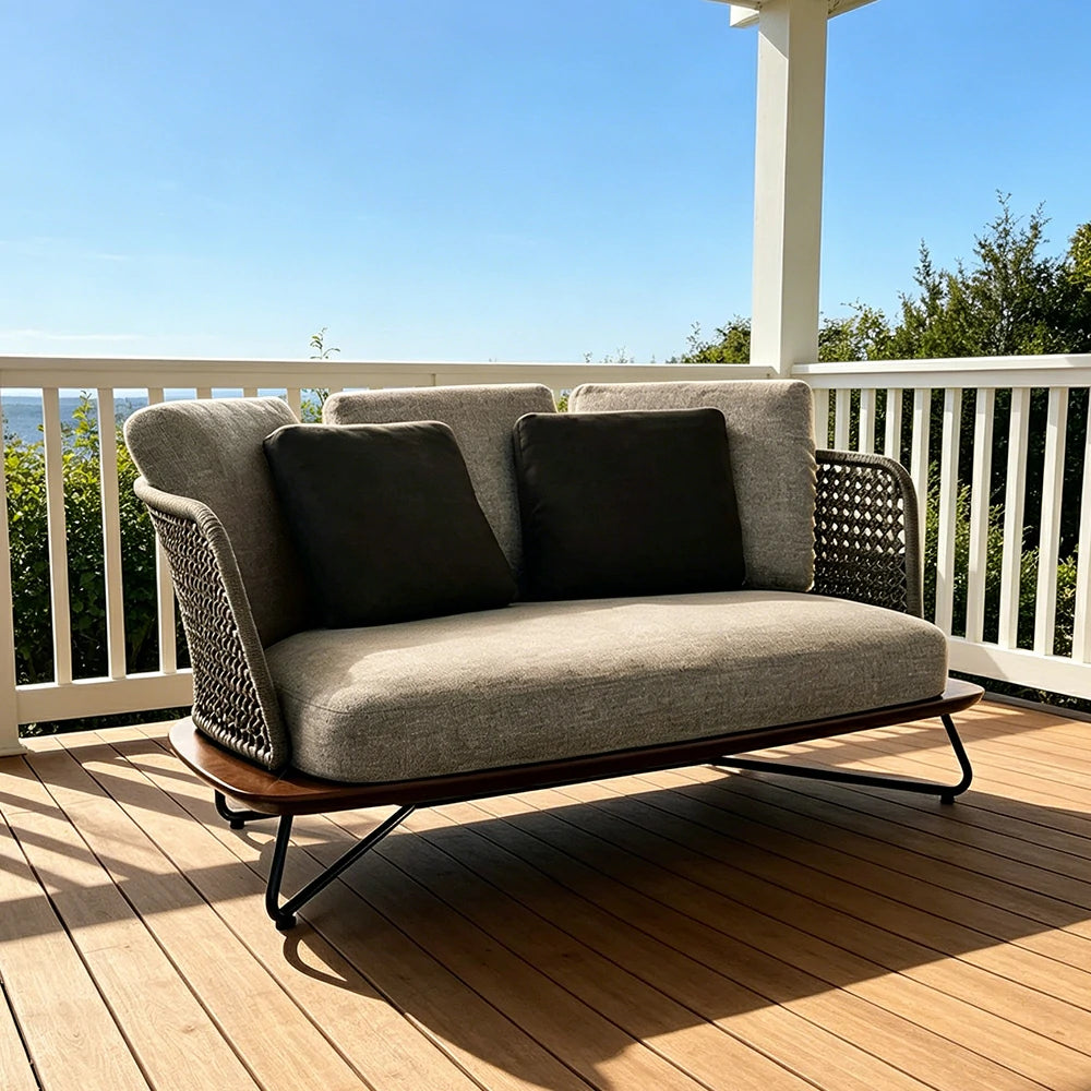 SOLARA Outdoor 2 Seater Sofa with Borneo Teak Wood Frame - Water Repellent Cushions for Garden Balcony Patio - Grey