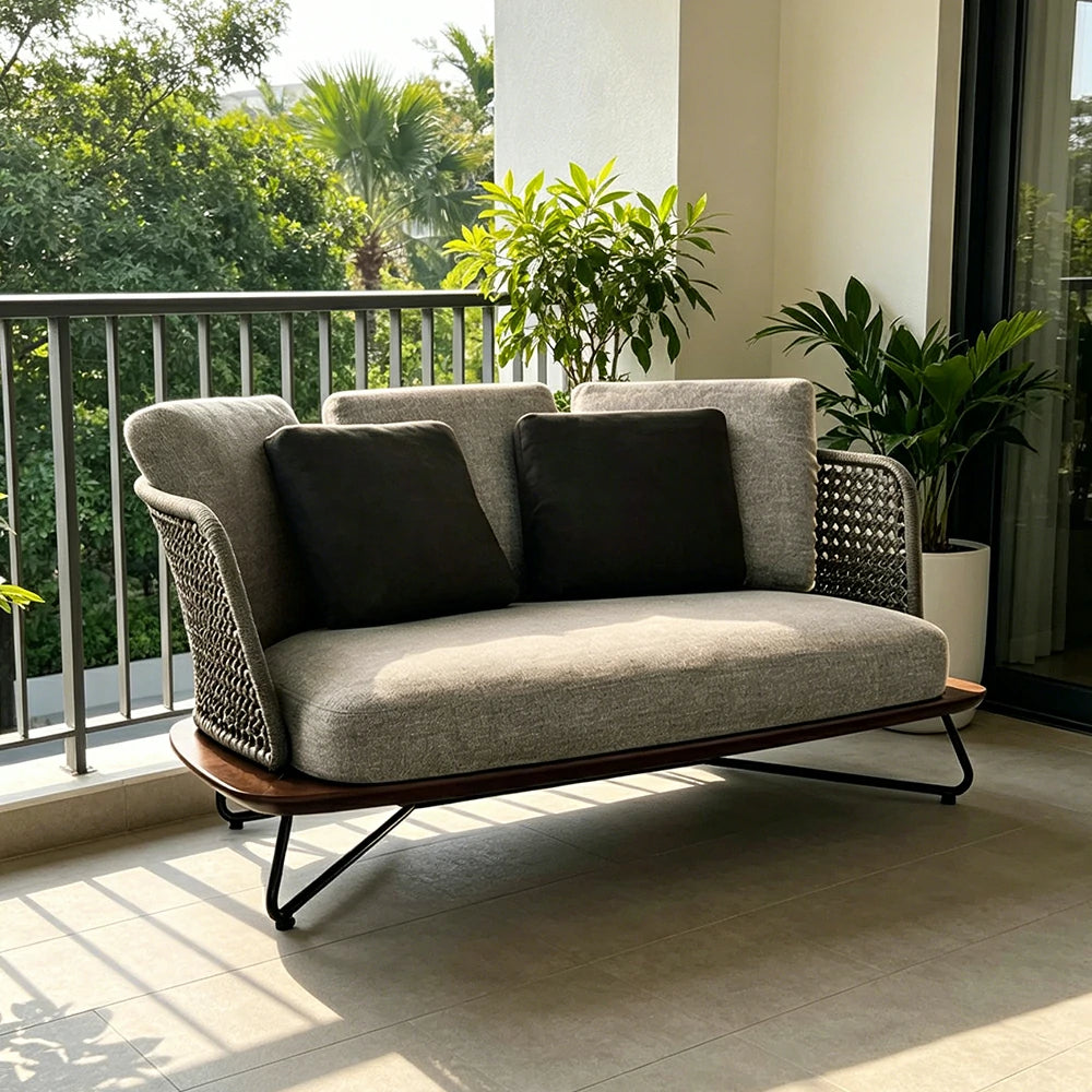 SOLARA Outdoor 2 Seater Sofa with Borneo Teak Wood Frame - Water Repellent Cushions for Garden Balcony Patio - Grey