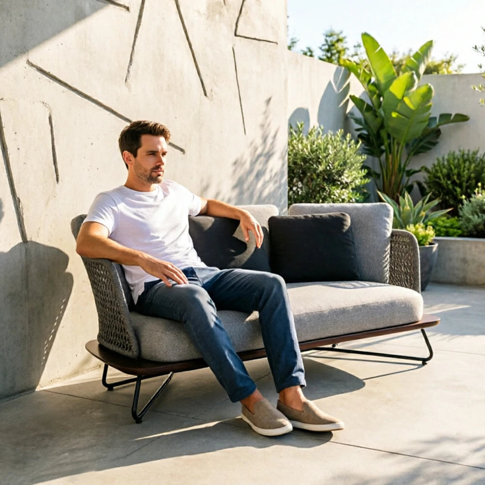 SOLARA Outdoor 2 Seater Sofa with Borneo Teak Wood Frame - Water Repellent Cushions for Garden Balcony Patio - Grey