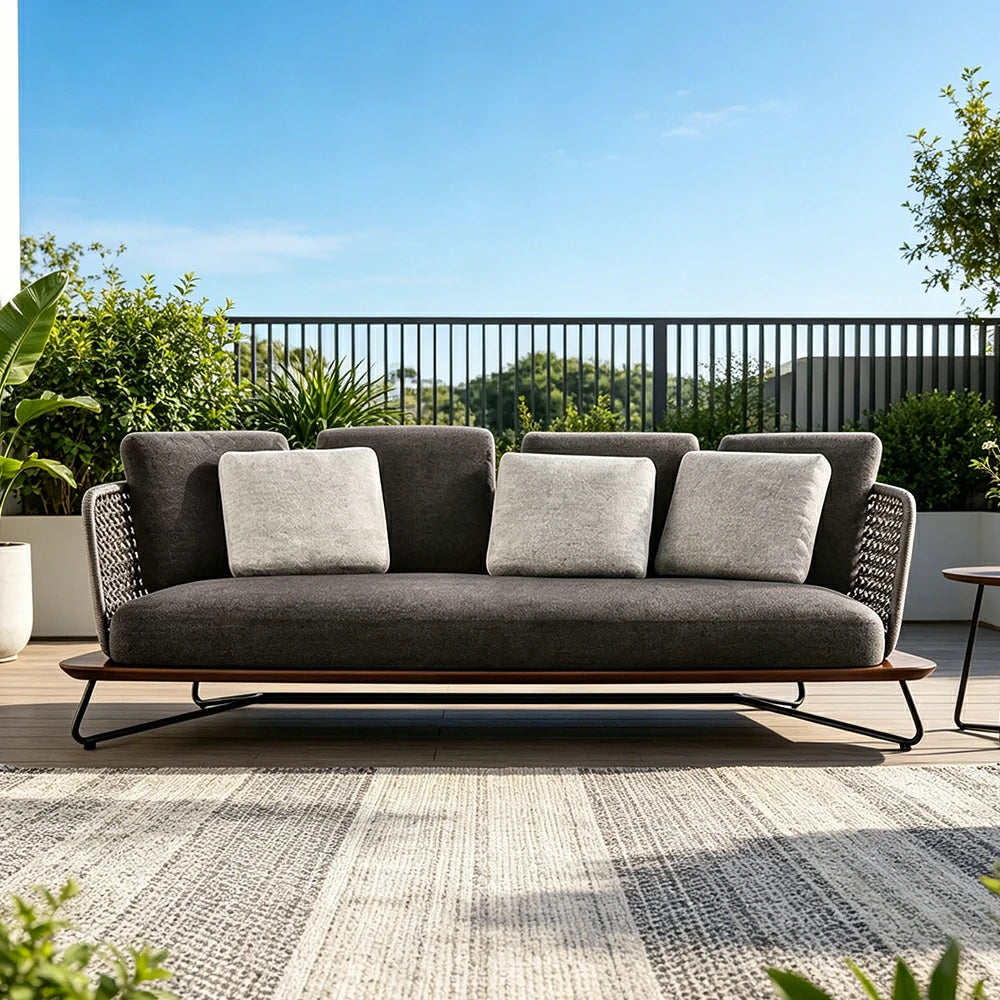 SOLARA Outdoor 3 Seater Sofa with Borneo Teak Wood Frame - Water Repellent Cushions for Garden Balcony Patio - Grey
