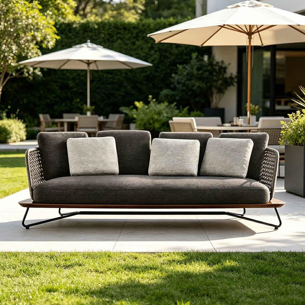 SOLARA Outdoor 3 Seater Sofa with Borneo Teak Wood Frame - Water Repellent Cushions for Garden Balcony Patio - Grey