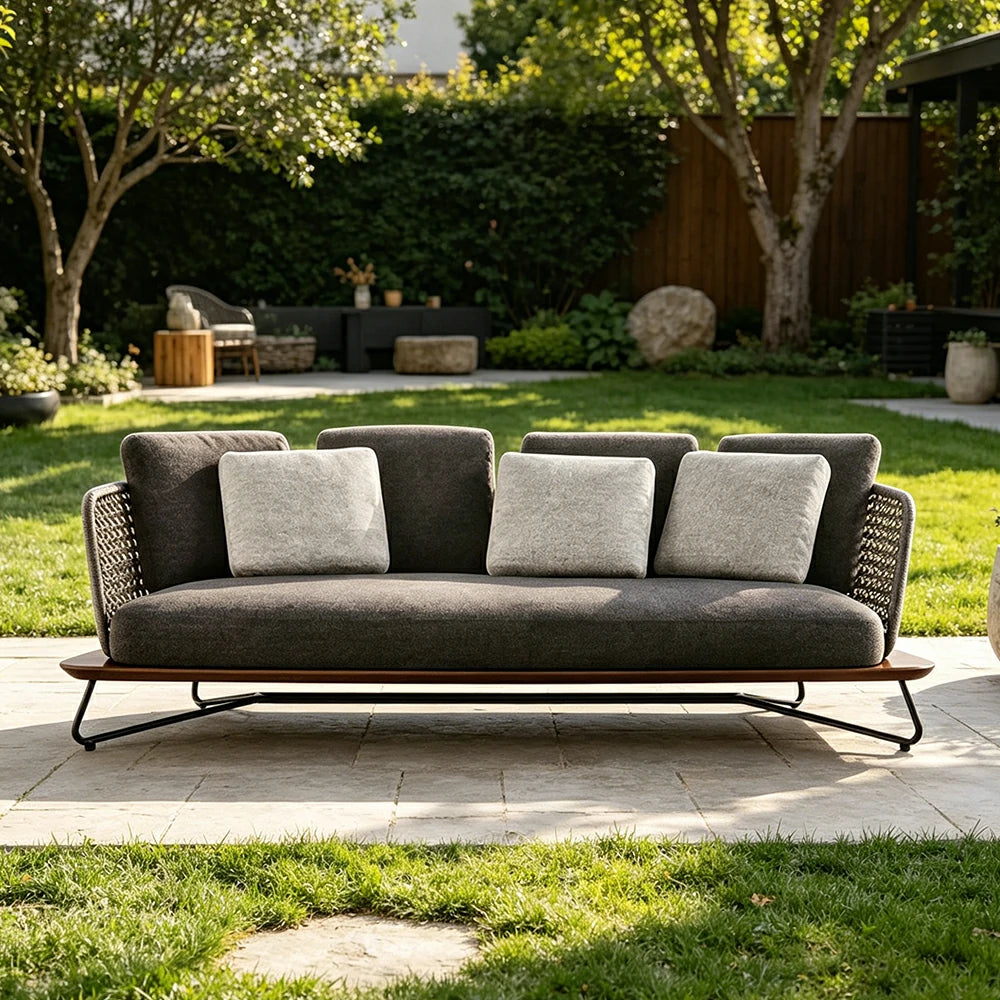 SOLARA Outdoor 3 Seater Sofa with Borneo Teak Wood Frame - Water Repellent Cushions for Garden Balcony Patio - Grey
