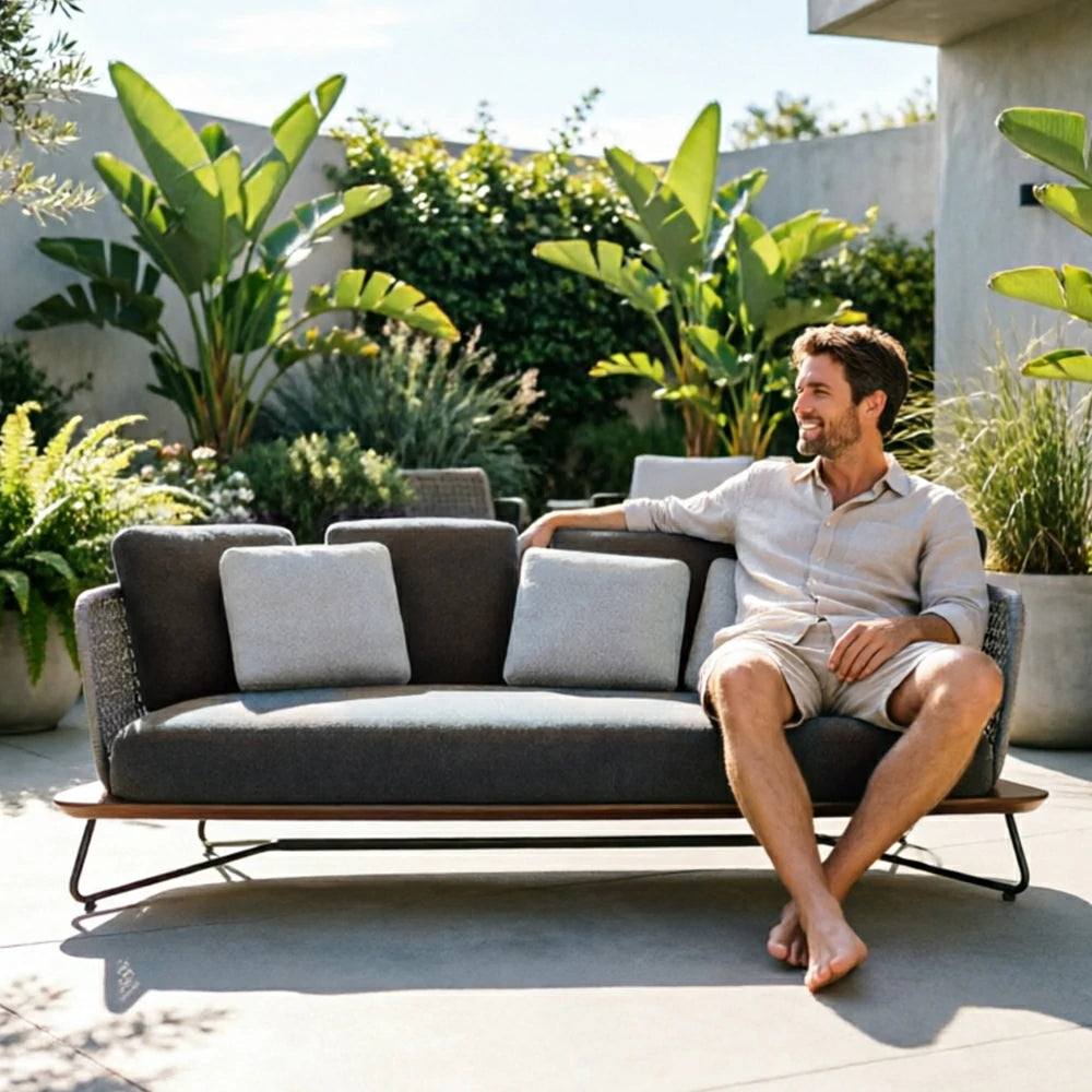 SOLARA Outdoor 3 Seater Sofa with Borneo Teak Wood Frame - Water Repellent Cushions for Garden Balcony Patio - Grey