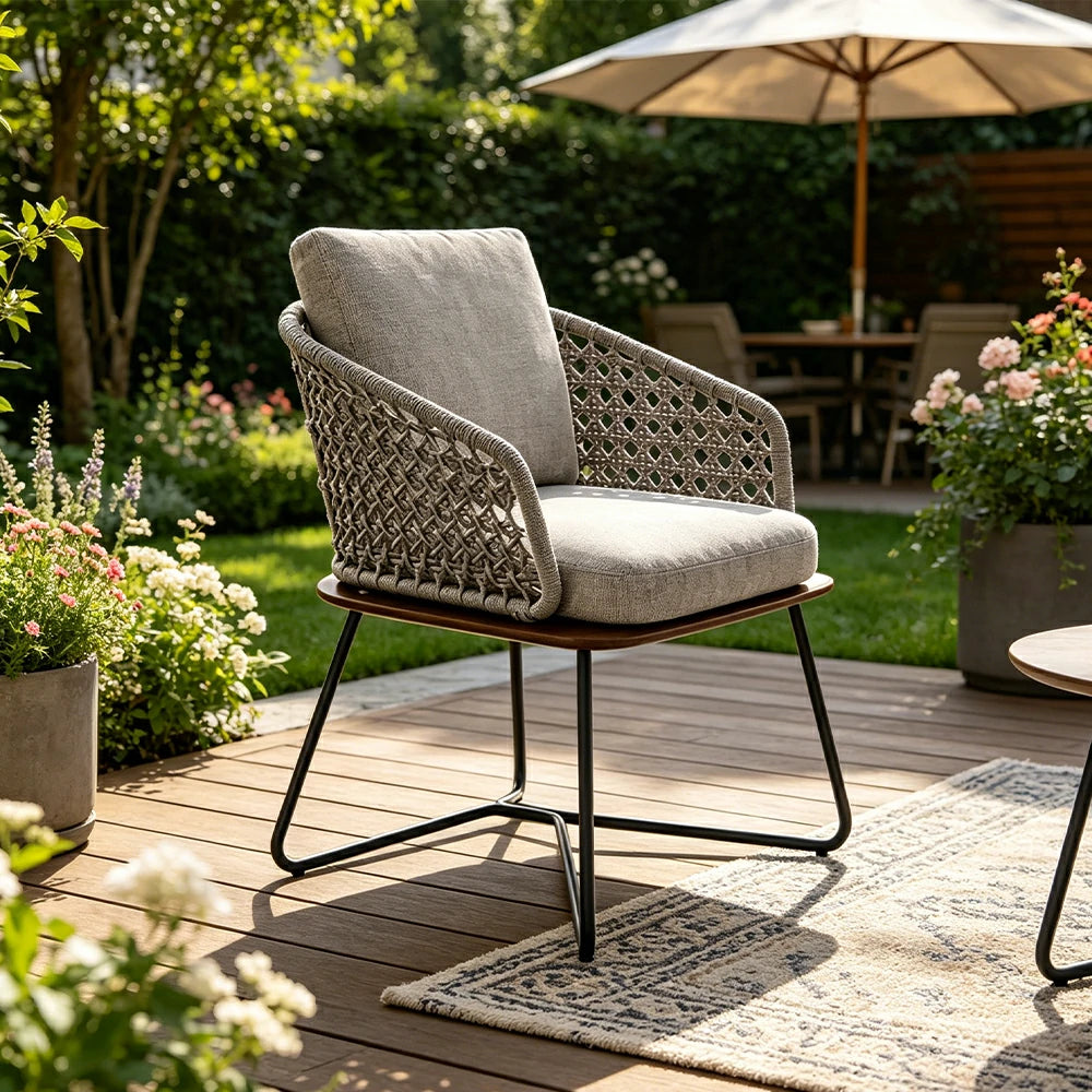 SOLARA Outdoor Single Dining Chair with Borneo Teak Wood Frame - Water Repellent Cushion for Garden Balcony Patio - Grey