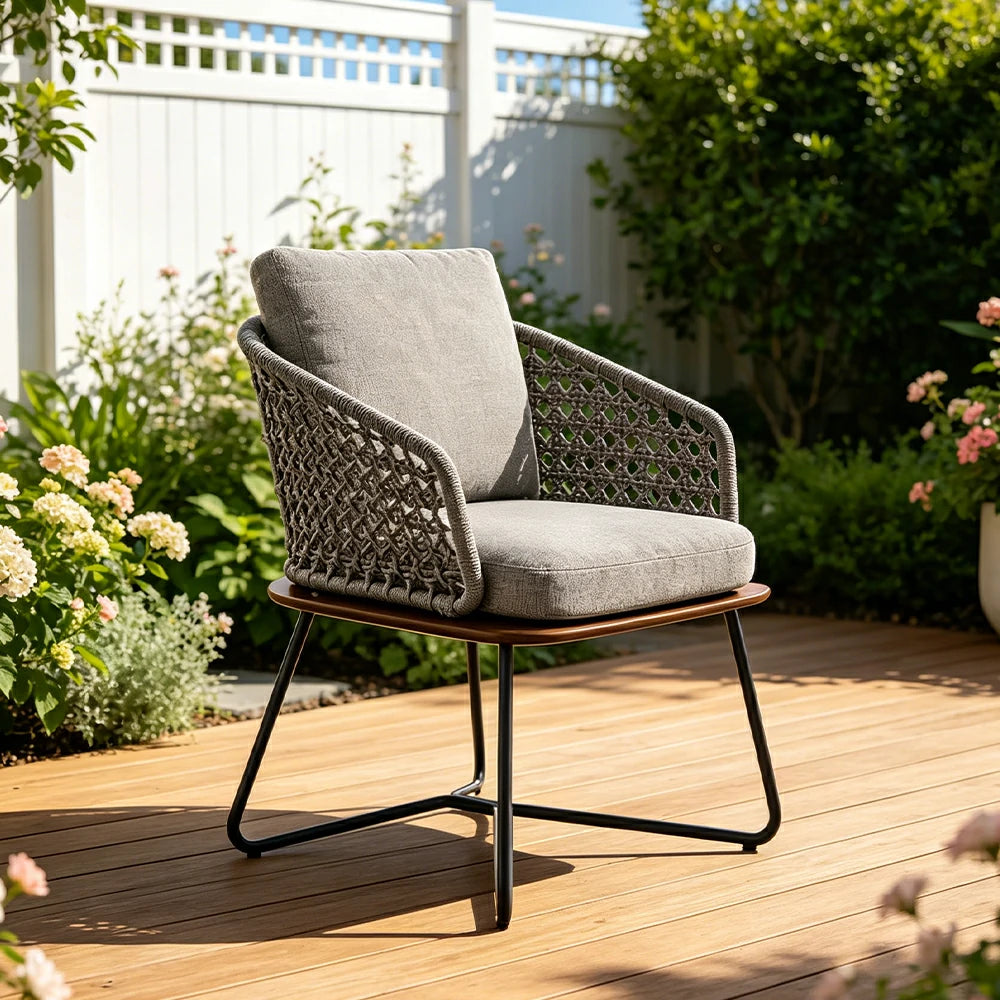 SOLARA Outdoor Single Dining Chair with Borneo Teak Wood Frame - Water Repellent Cushion for Garden Balcony Patio - Grey