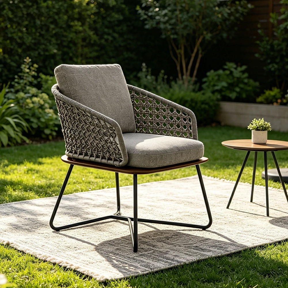 SOLARA Outdoor Single Dining Chair with Borneo Teak Wood Frame - Water Repellent Cushion for Garden Balcony Patio - Grey