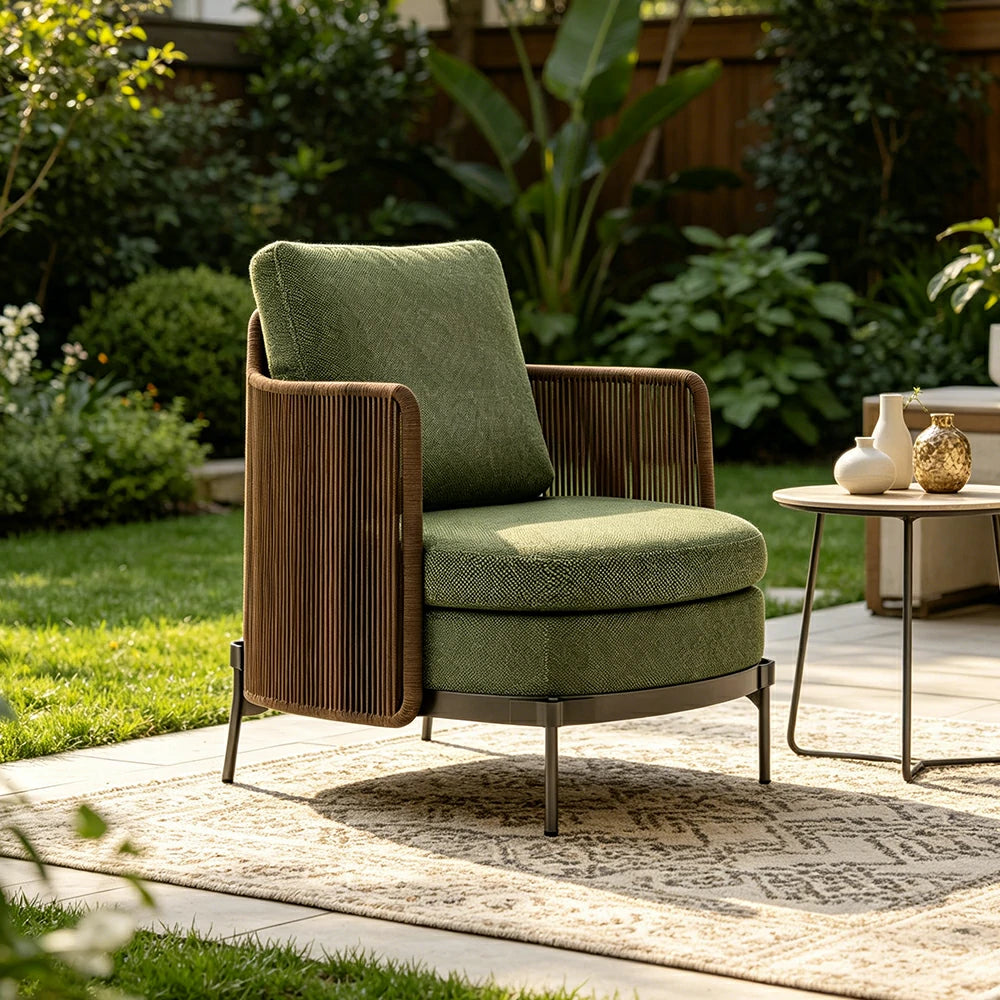 SOLARA Outdoor Single Lounge Chair with Armrests - Water Repellent Sun Resistant Cushion for Garden Balcony Patio - Green